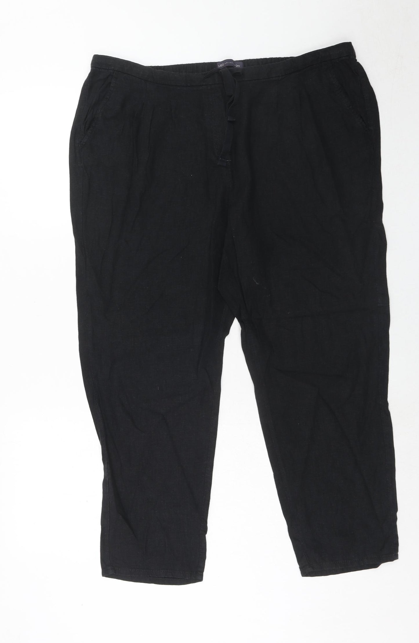 Marks and Spencer Womens Black Linen Trousers Size 18 Regular Drawstring