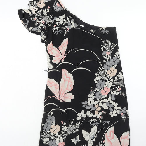 Oasis Womens Black Floral Polyester A-Line Size 8 One Shoulder Zip