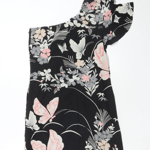 Oasis Womens Black Floral Polyester A-Line Size 8 One Shoulder Zip