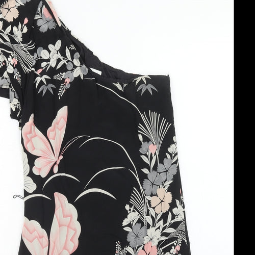 Oasis Womens Black Floral Polyester A-Line Size 8 One Shoulder Zip