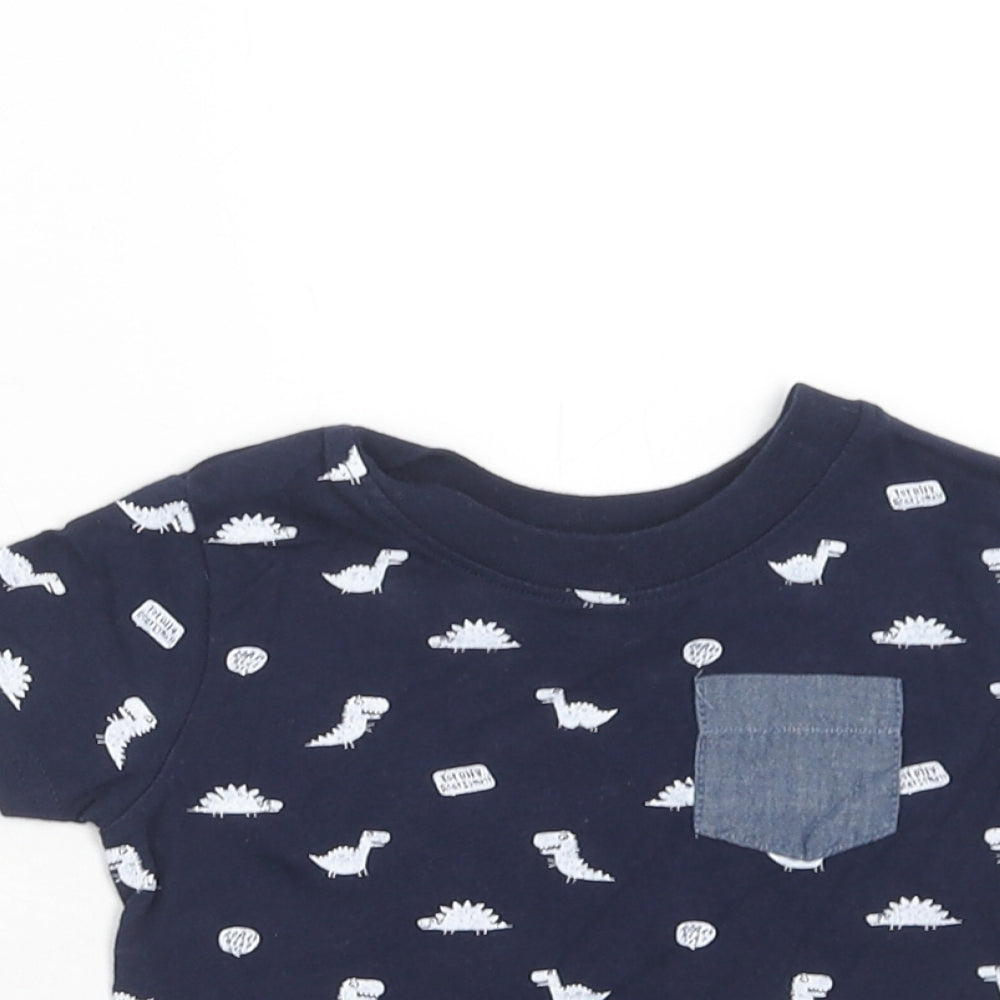 Primark Boys Blue Geometric Cotton Basic T-Shirt Size 12-18 Months Round Neck Pullover - Dinosaur