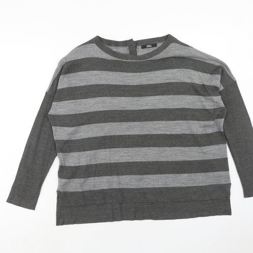 Marks and Spencer Womens Grey Round Neck Striped Acrylic Pullover Jumper Size 12