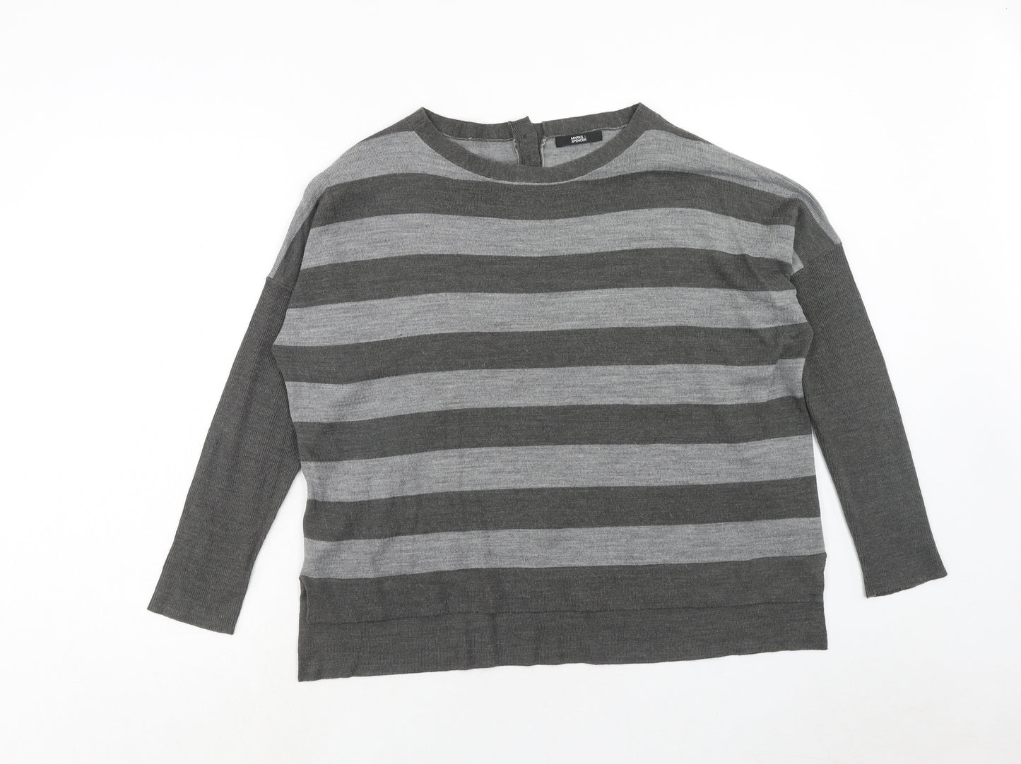 Marks and Spencer Womens Grey Round Neck Striped Acrylic Pullover Jumper Size 12