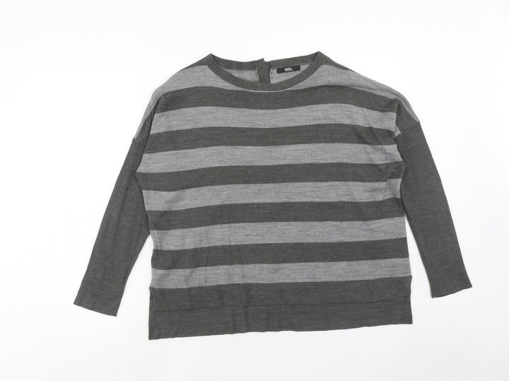 Marks and Spencer Womens Grey Round Neck Striped Acrylic Pullover Jumper Size 12