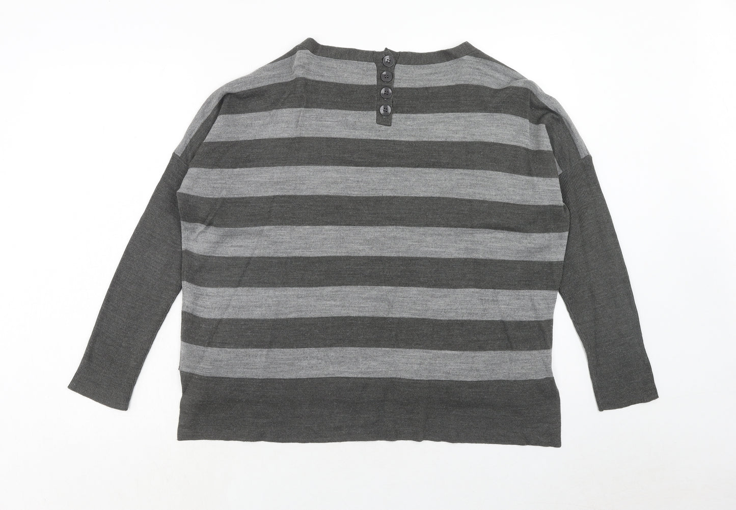 Marks and Spencer Womens Grey Round Neck Striped Acrylic Pullover Jumper Size 12