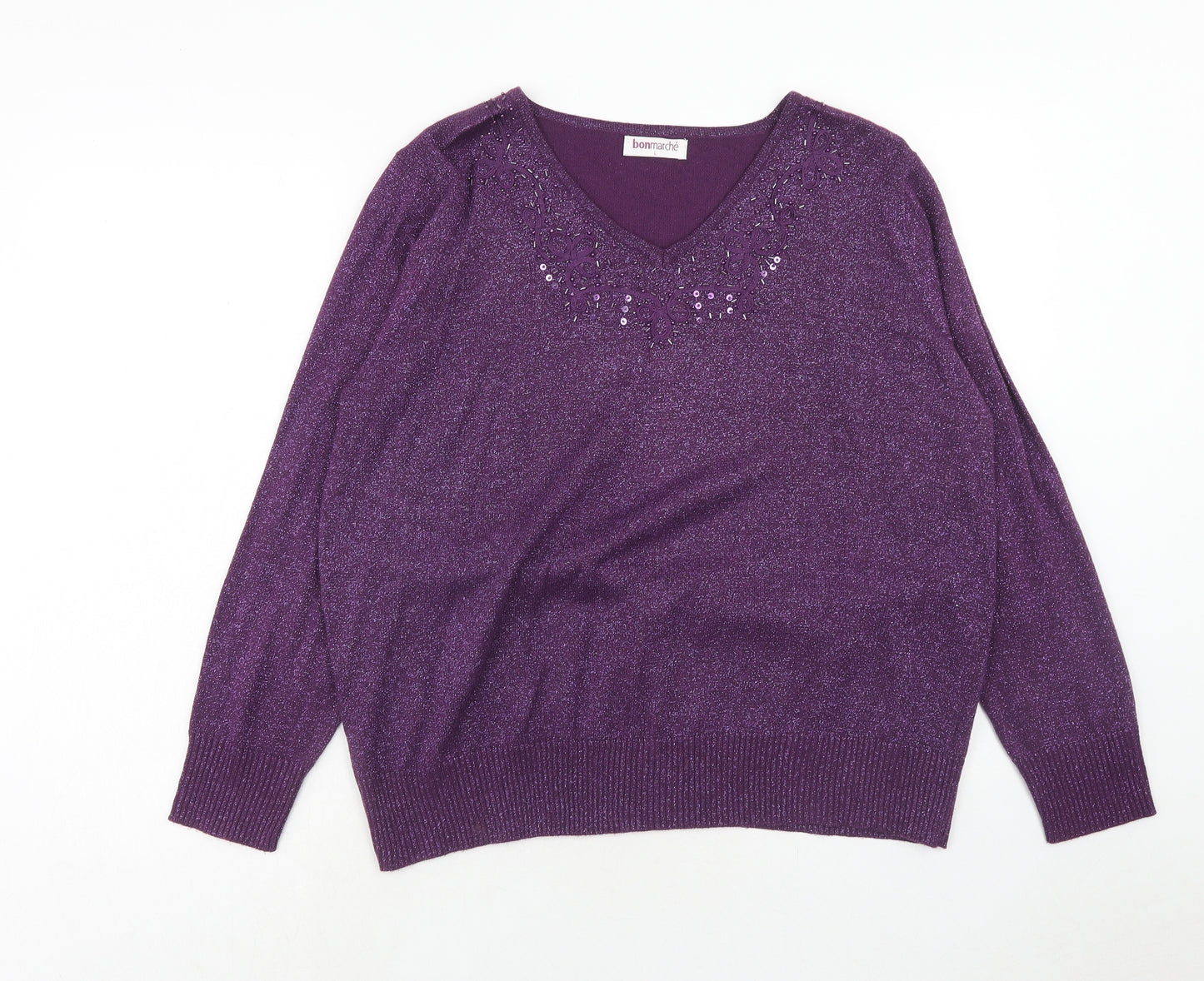 Bonmarché Womens Purple V-Neck Acrylic Pullover Jumper Size L