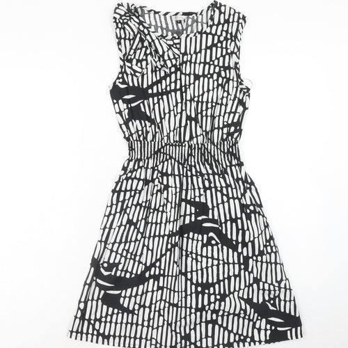 159.MA Womens Black Geometric Cotton Fit & Flare Size M V-Neck Pullover