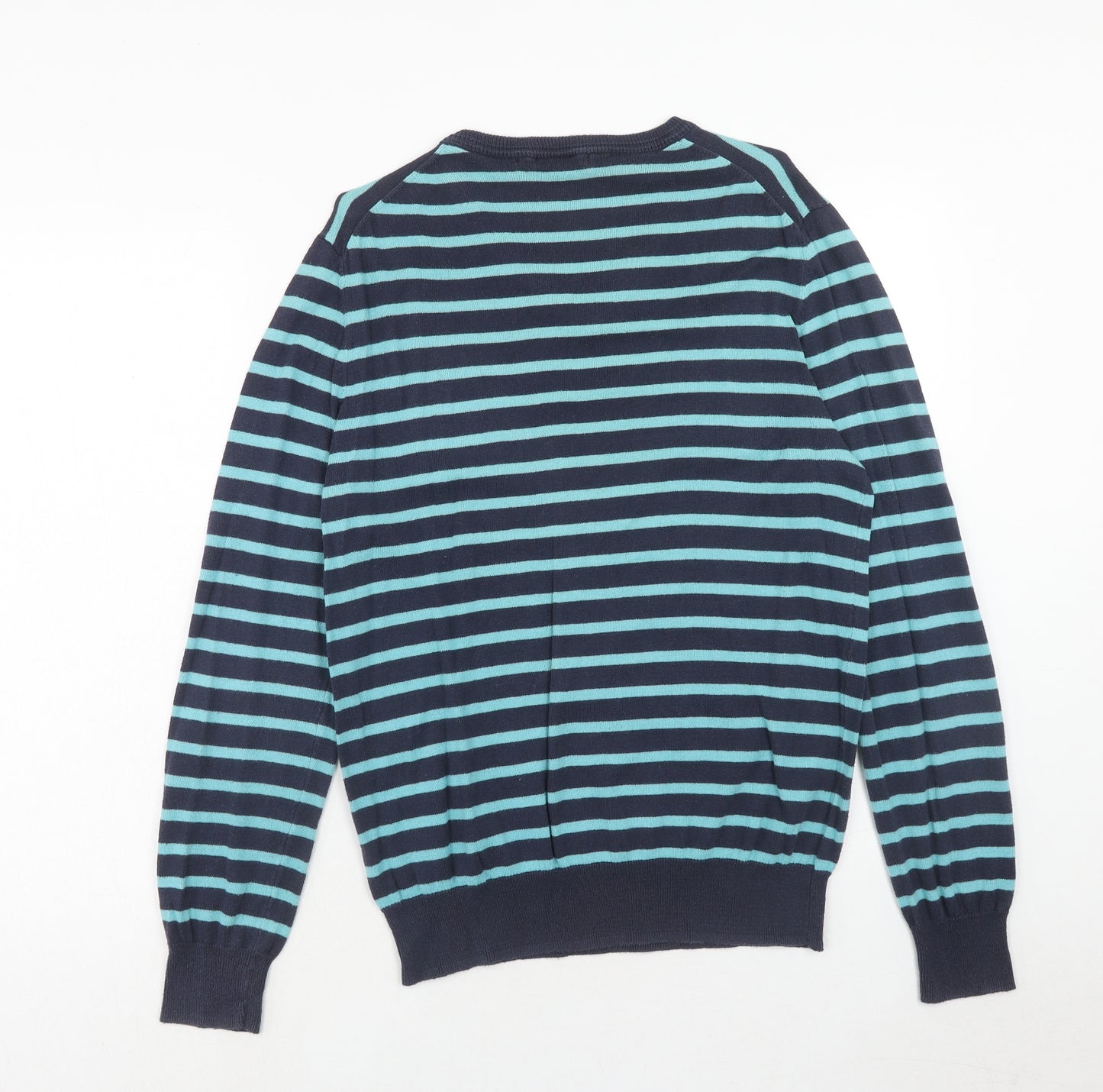 Gap Mens Blue V-Neck Striped Cotton Pullover Jumper Size M Long Sleeve