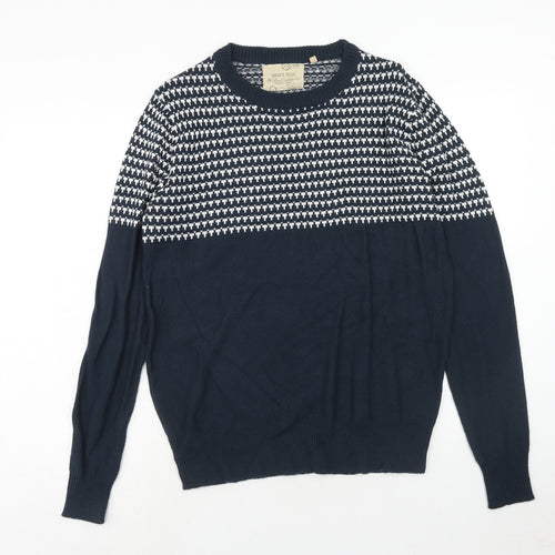Brave Soul Mens Blue Round Neck Geometric Acrylic Pullover Jumper Size L Long Sleeve
