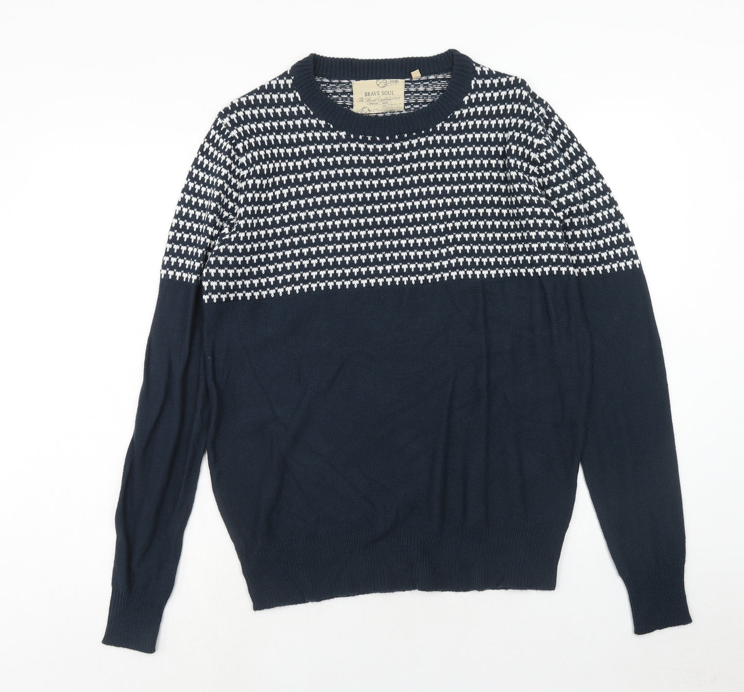 Brave Soul Mens Blue Round Neck Geometric Acrylic Pullover Jumper Size L Long Sleeve