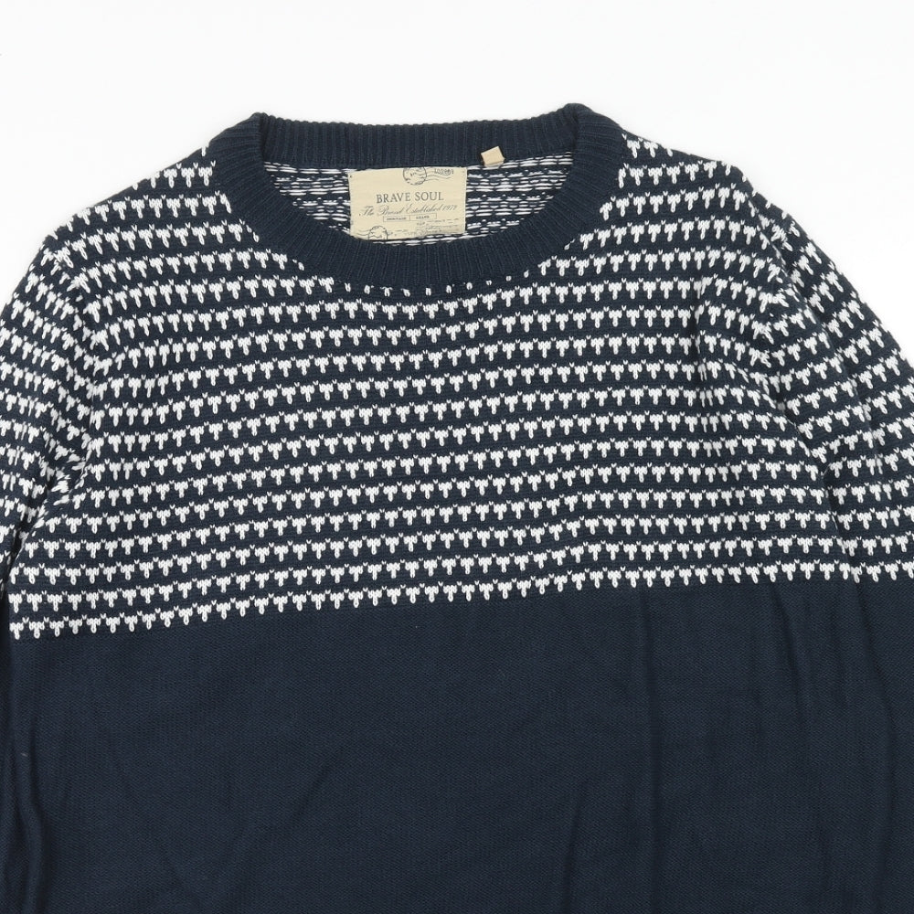 Brave Soul Mens Blue Round Neck Geometric Acrylic Pullover Jumper Size L Long Sleeve