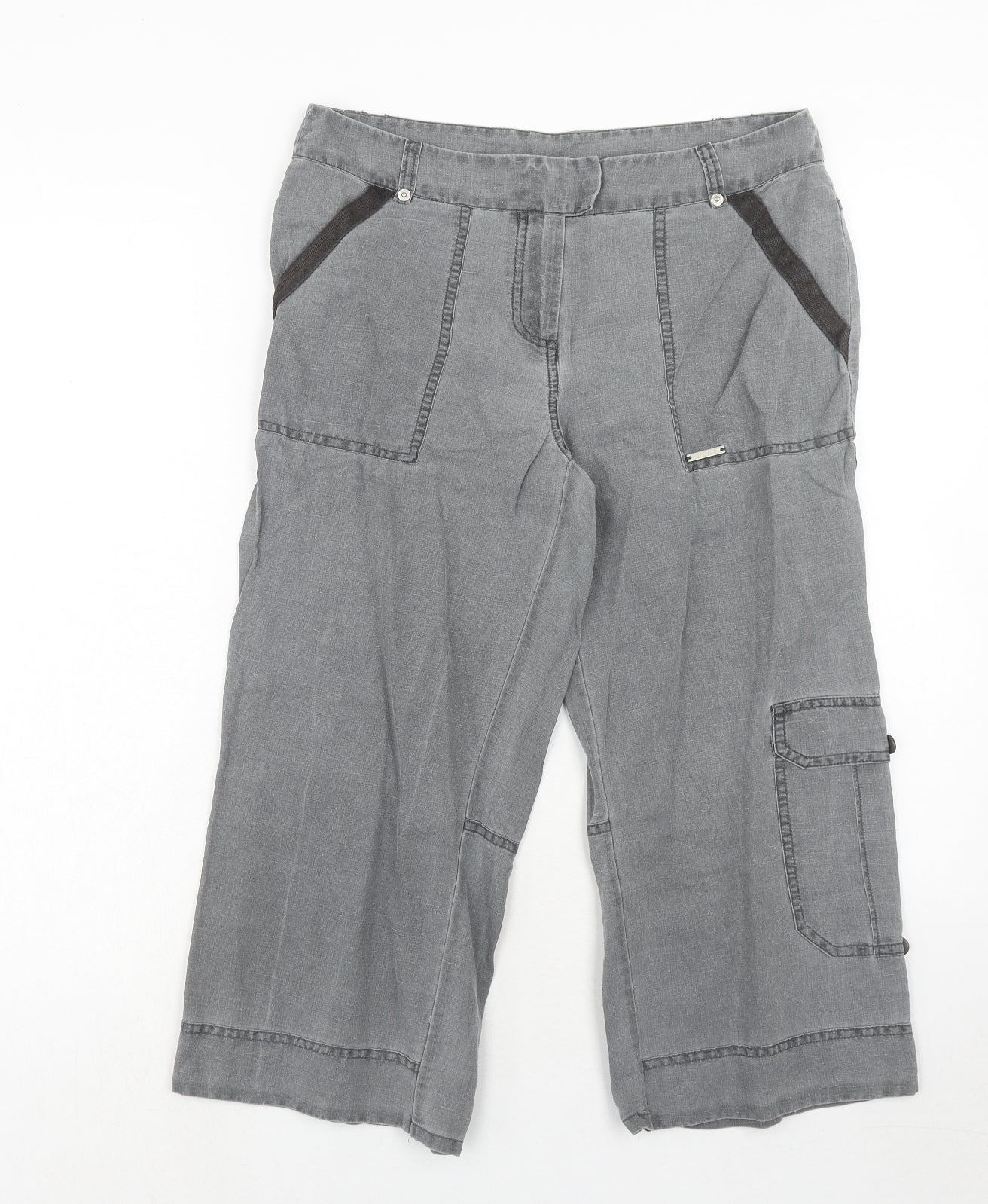 ELLE Womens Grey Viscose Cropped Trousers Size 12 Regular Hook & Eye