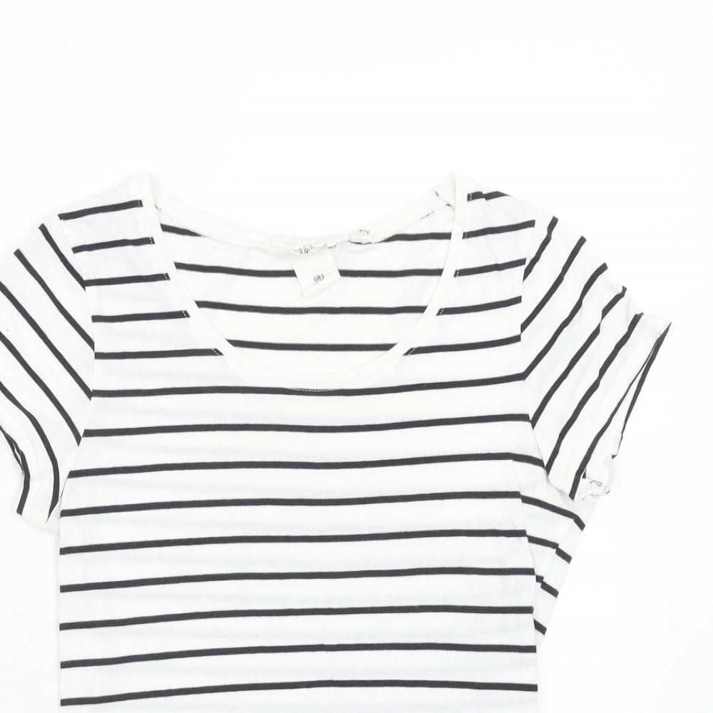H&M Womens White Striped Cotton Basic T-Shirt Size S Round Neck