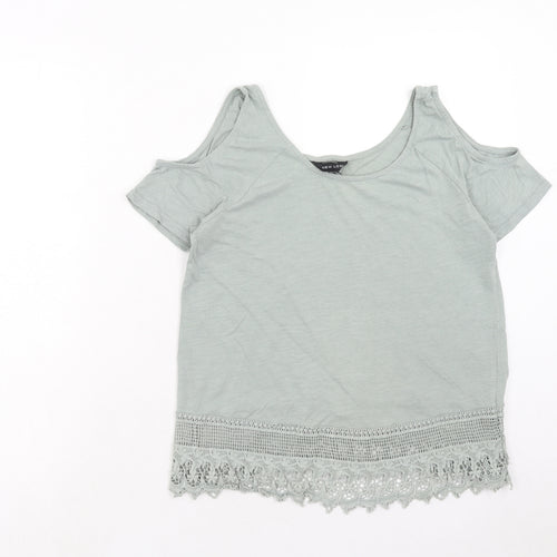 New Look Womens Green Cotton Basic T-Shirt Size 8 Round Neck - Cold Shoulder, Lace Detail