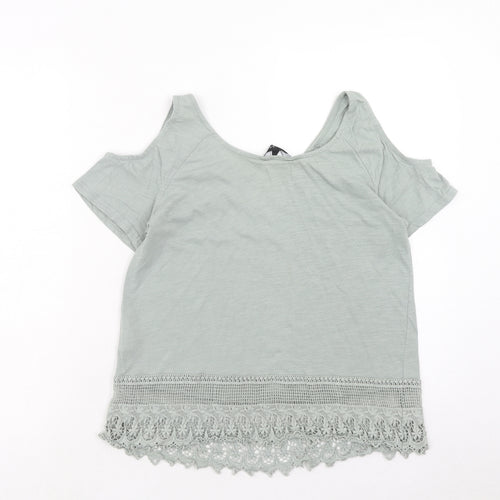 New Look Womens Green Cotton Basic T-Shirt Size 8 Round Neck - Cold Shoulder, Lace Detail