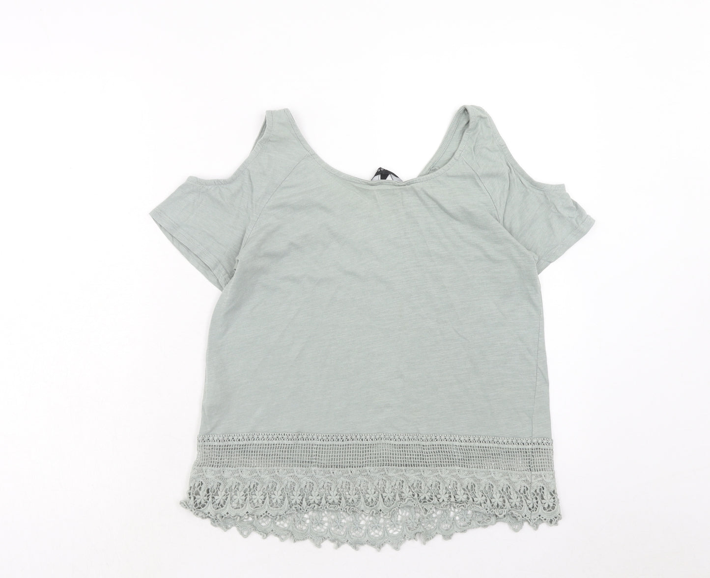 New Look Womens Green Cotton Basic T-Shirt Size 8 Round Neck - Cold Shoulder, Lace Detail