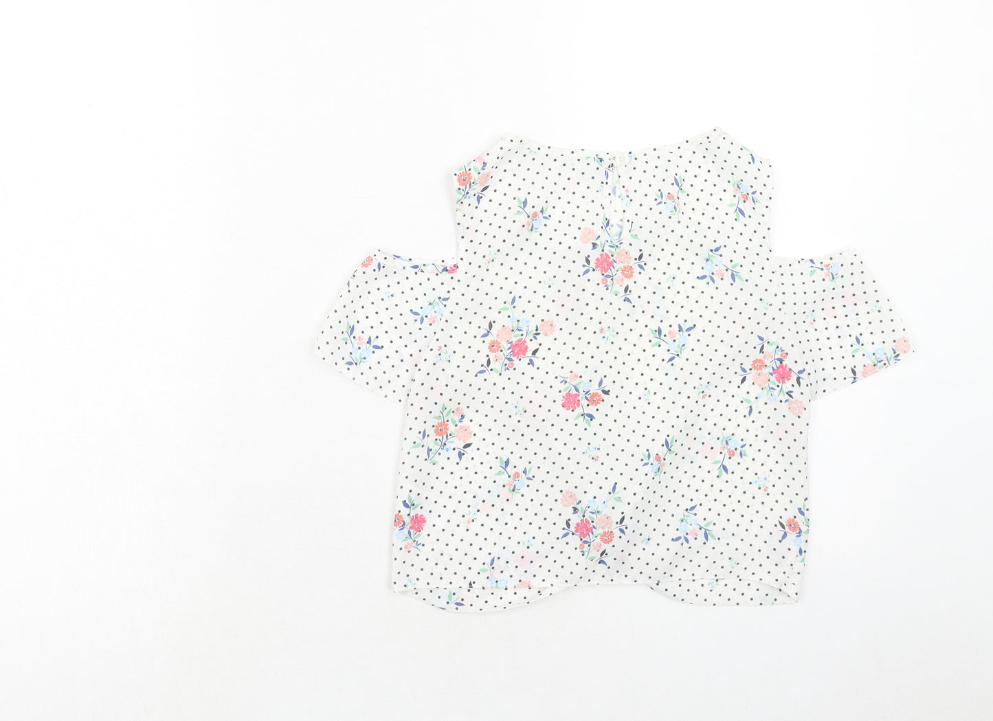Primark Girls White Polka Dot Polyester Basic Blouse Size 9-10 Years Round Neck Button - Floral Cold Shoulder