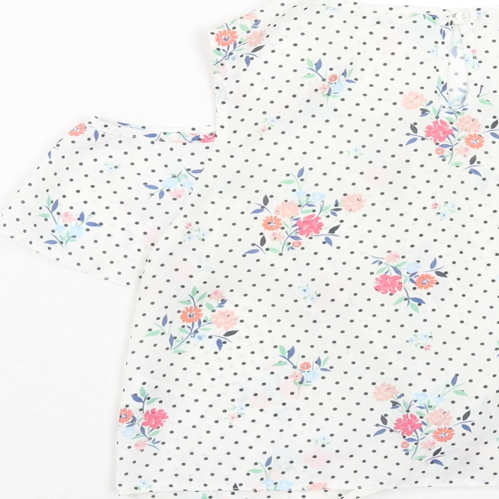 Primark Girls White Polka Dot Polyester Basic Blouse Size 9-10 Years Round Neck Button - Floral Cold Shoulder