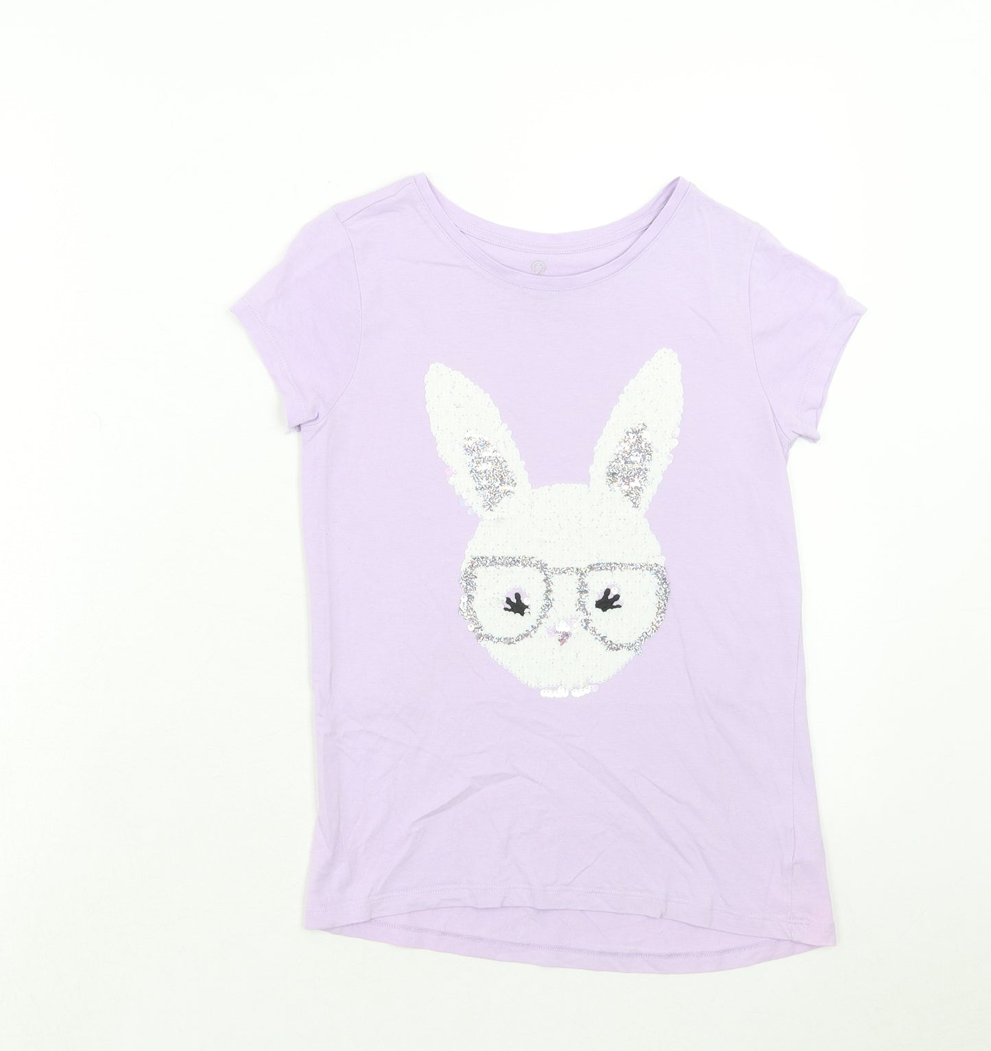 F&F Girls Purple Cotton Basic T-Shirt Size 10-11 Years Round Neck Pullover - Rabbit
