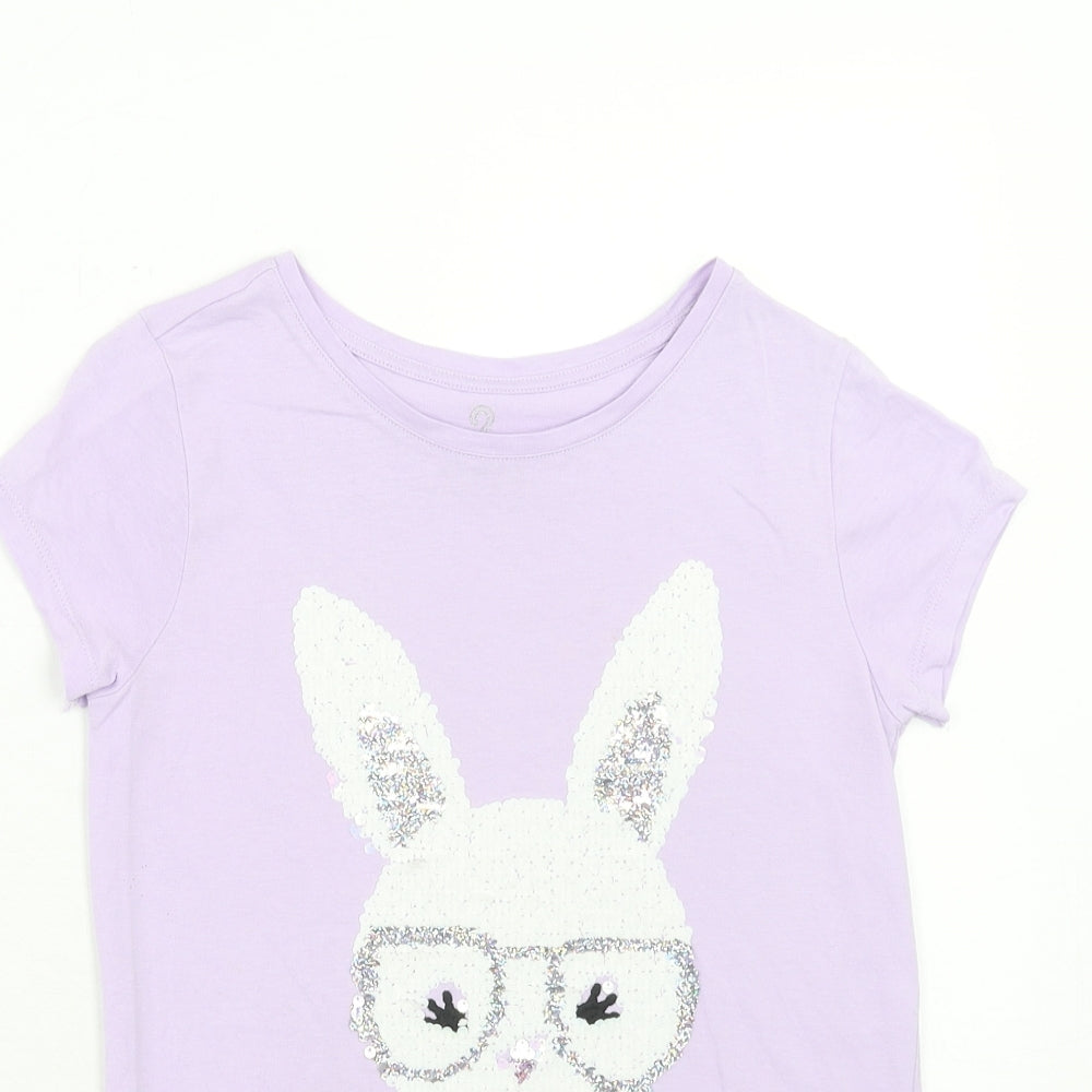 F&F Girls Purple Cotton Basic T-Shirt Size 10-11 Years Round Neck Pullover - Rabbit