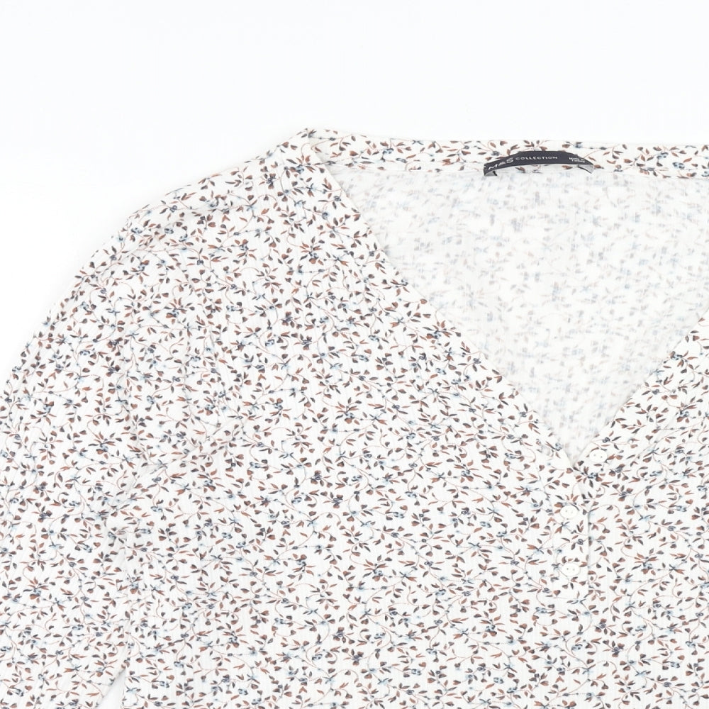 Marks and Spencer Womens White Floral Viscose Basic Blouse Size 16 V-Neck