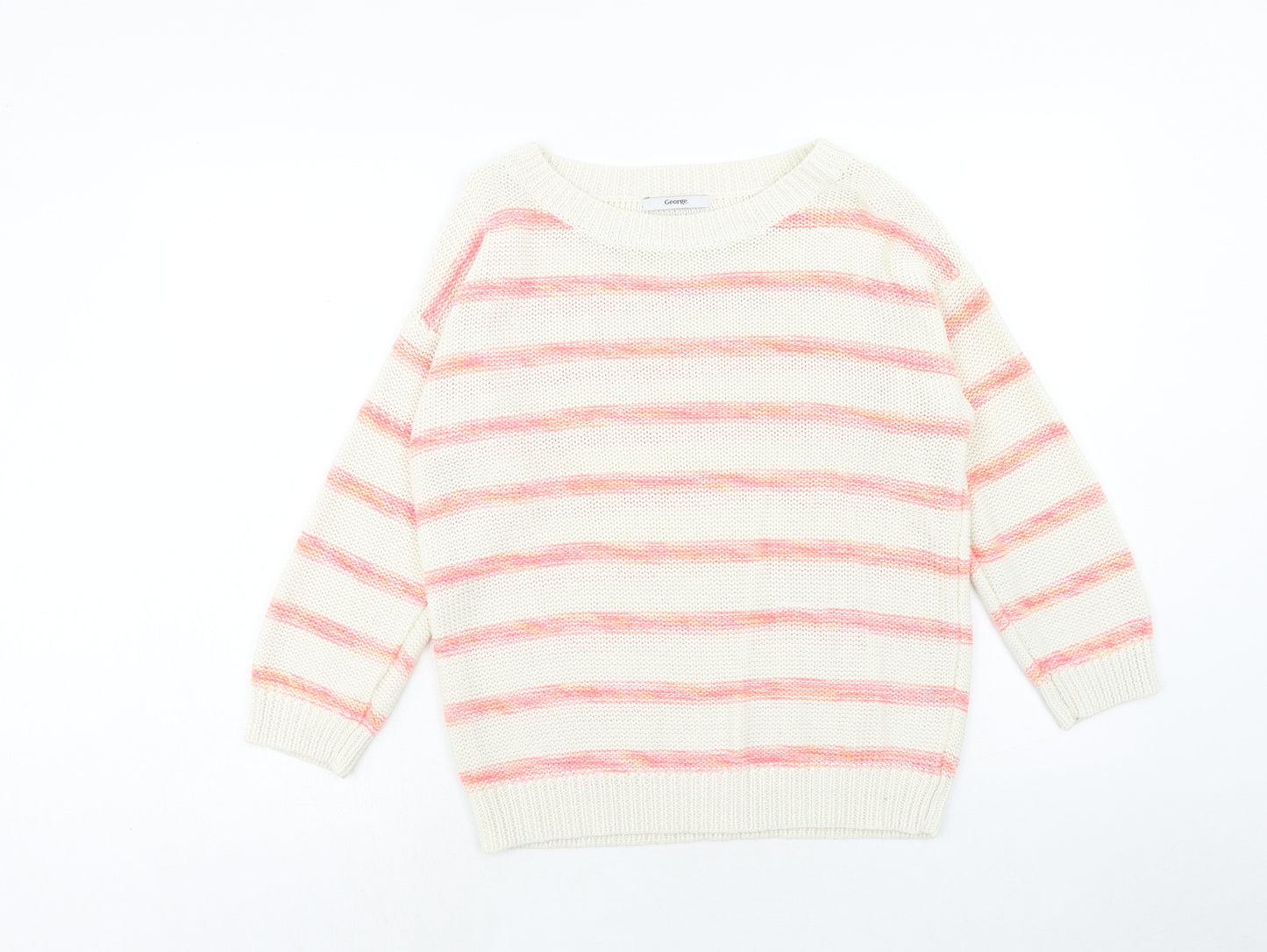 George Womens White Round Neck Striped Acrylic Pullover Jumper Size 14