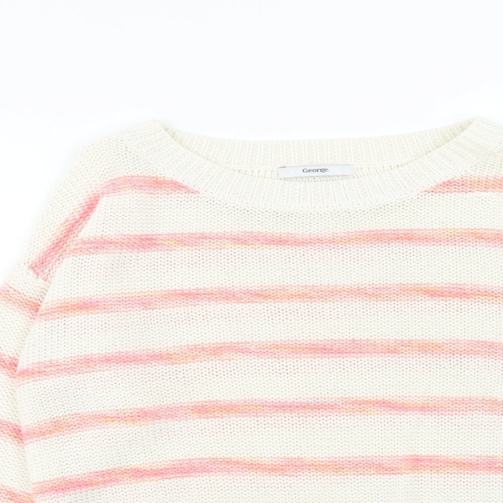 George Womens White Round Neck Striped Acrylic Pullover Jumper Size 14