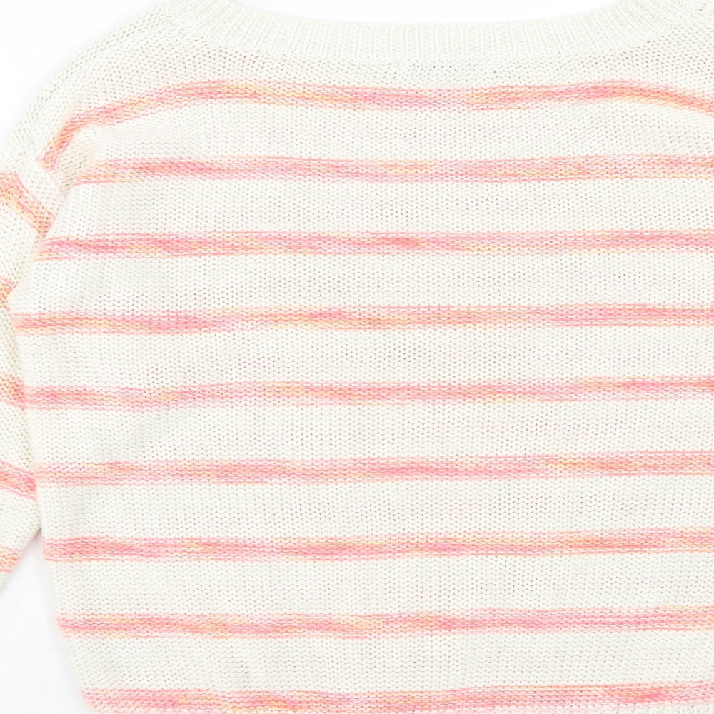 George Womens White Round Neck Striped Acrylic Pullover Jumper Size 14