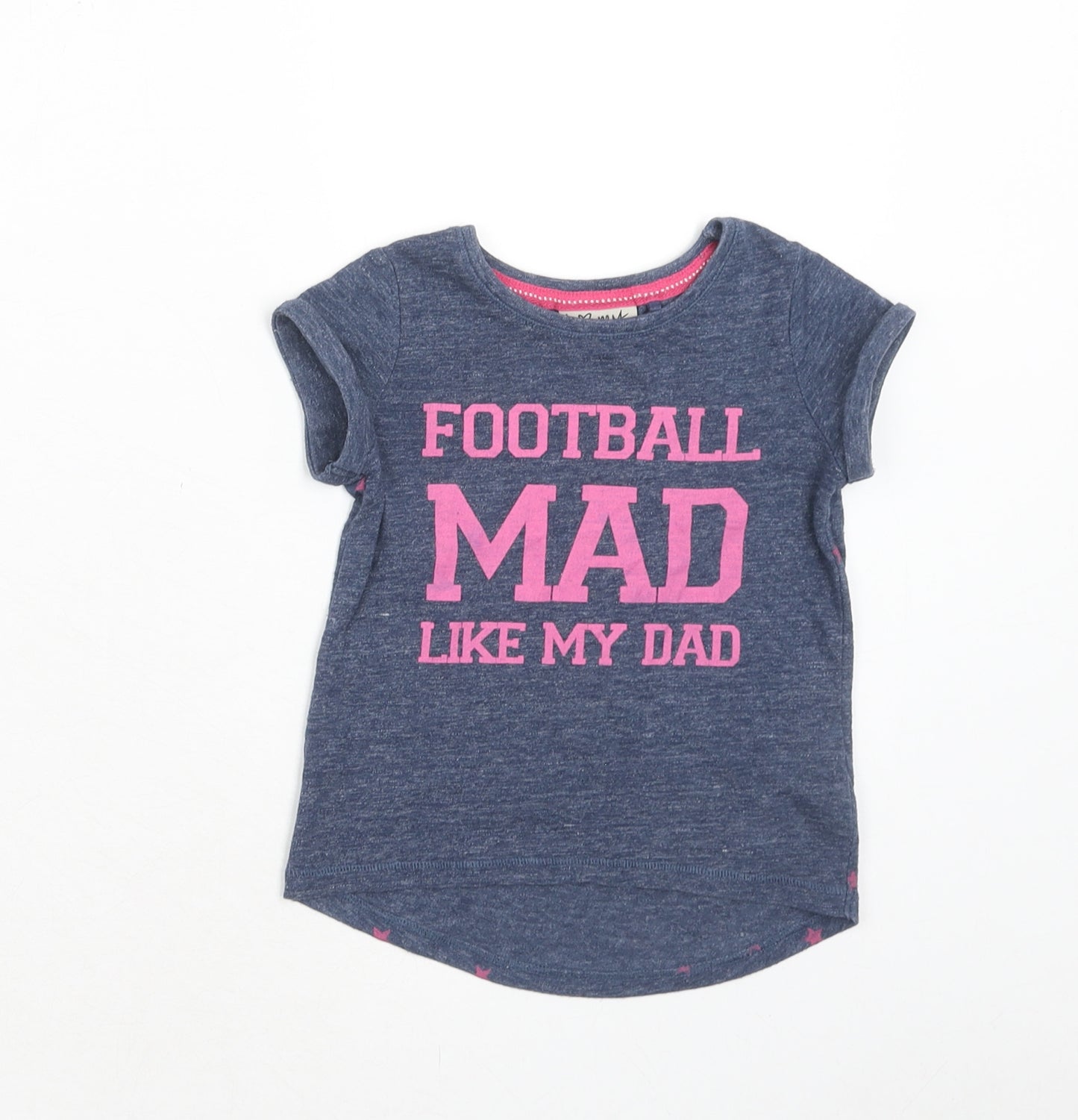 NEXT Girls Blue Geometric Cotton Basic T-Shirt Size 9-12 Months Round Neck Button - Football Mad Like My Dad, Star Print