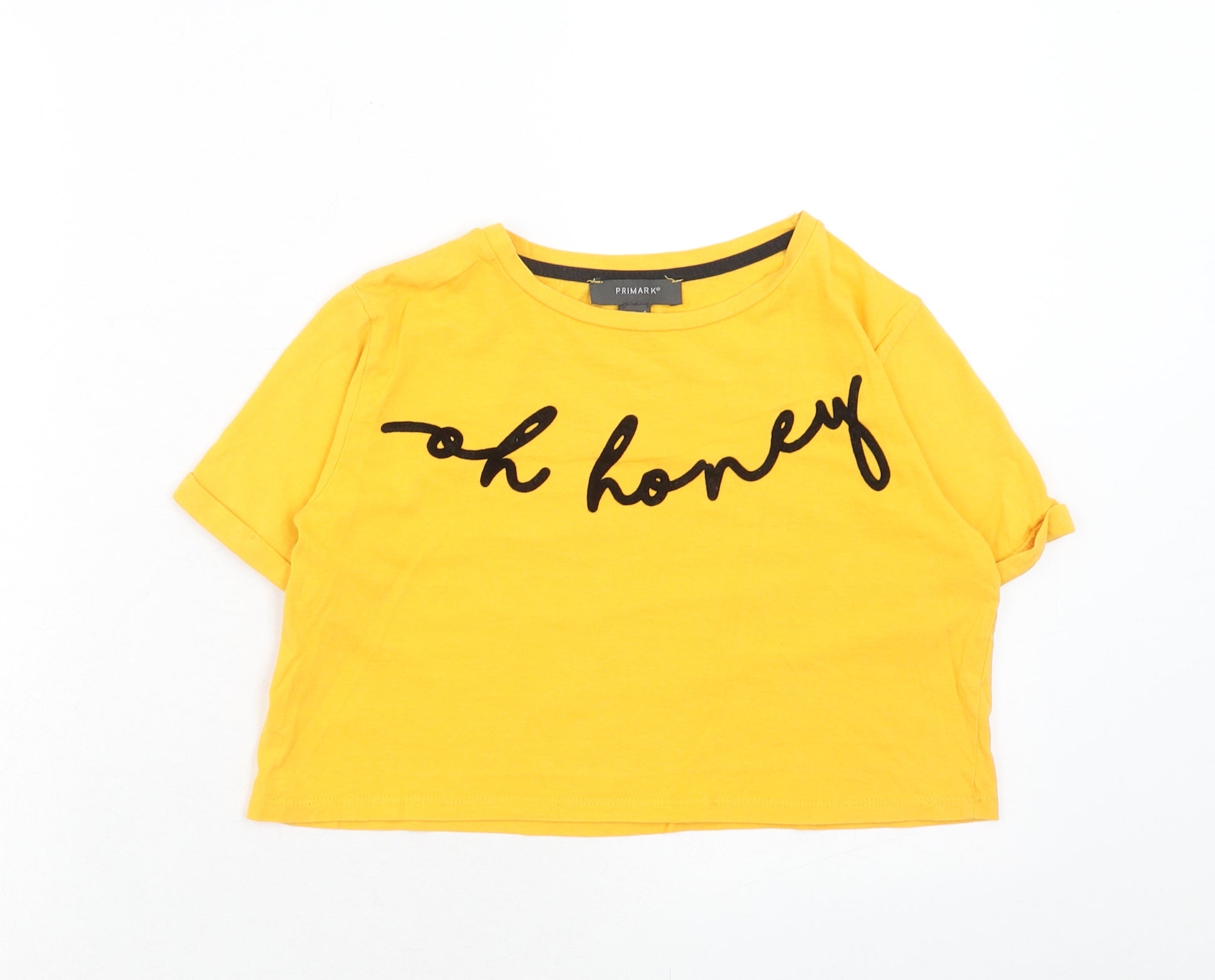 Primark Womens Yellow Cotton Cropped T-Shirt Size S Round Neck