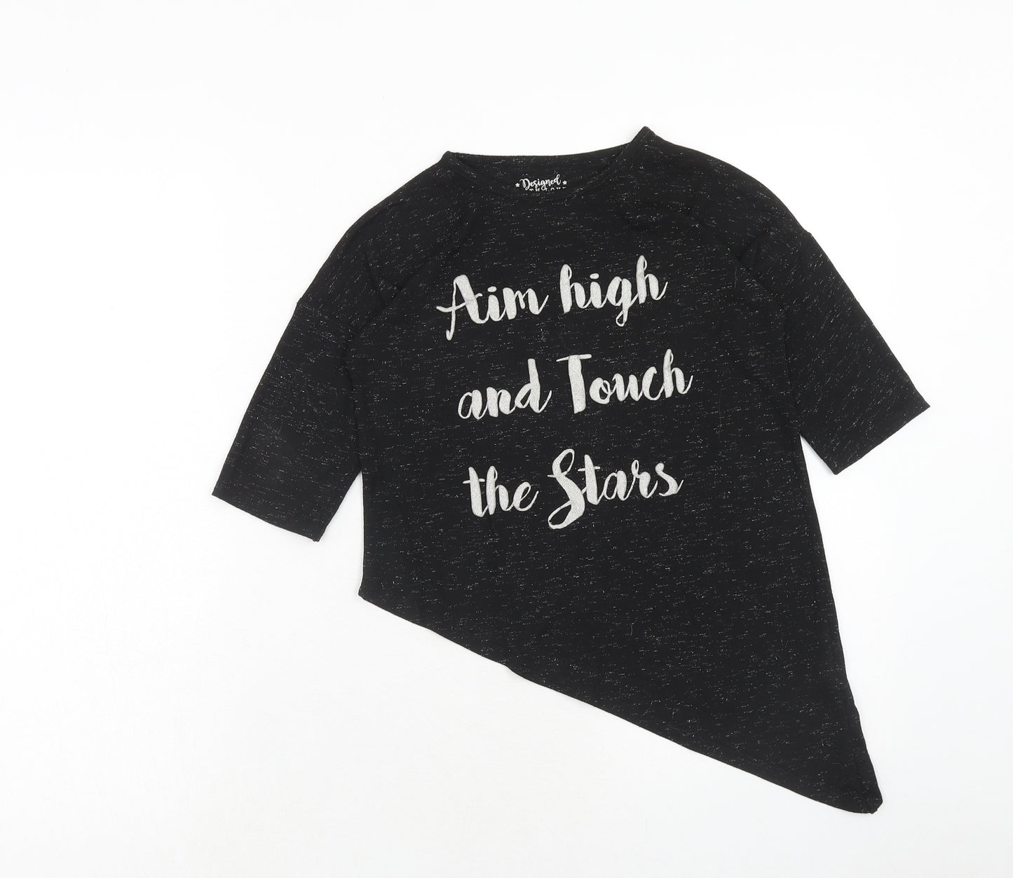 F&F Girls Black Polyester Basic T-Shirt Size 8-9 Years Round Neck Pullover - Aim High And Touch The Stars