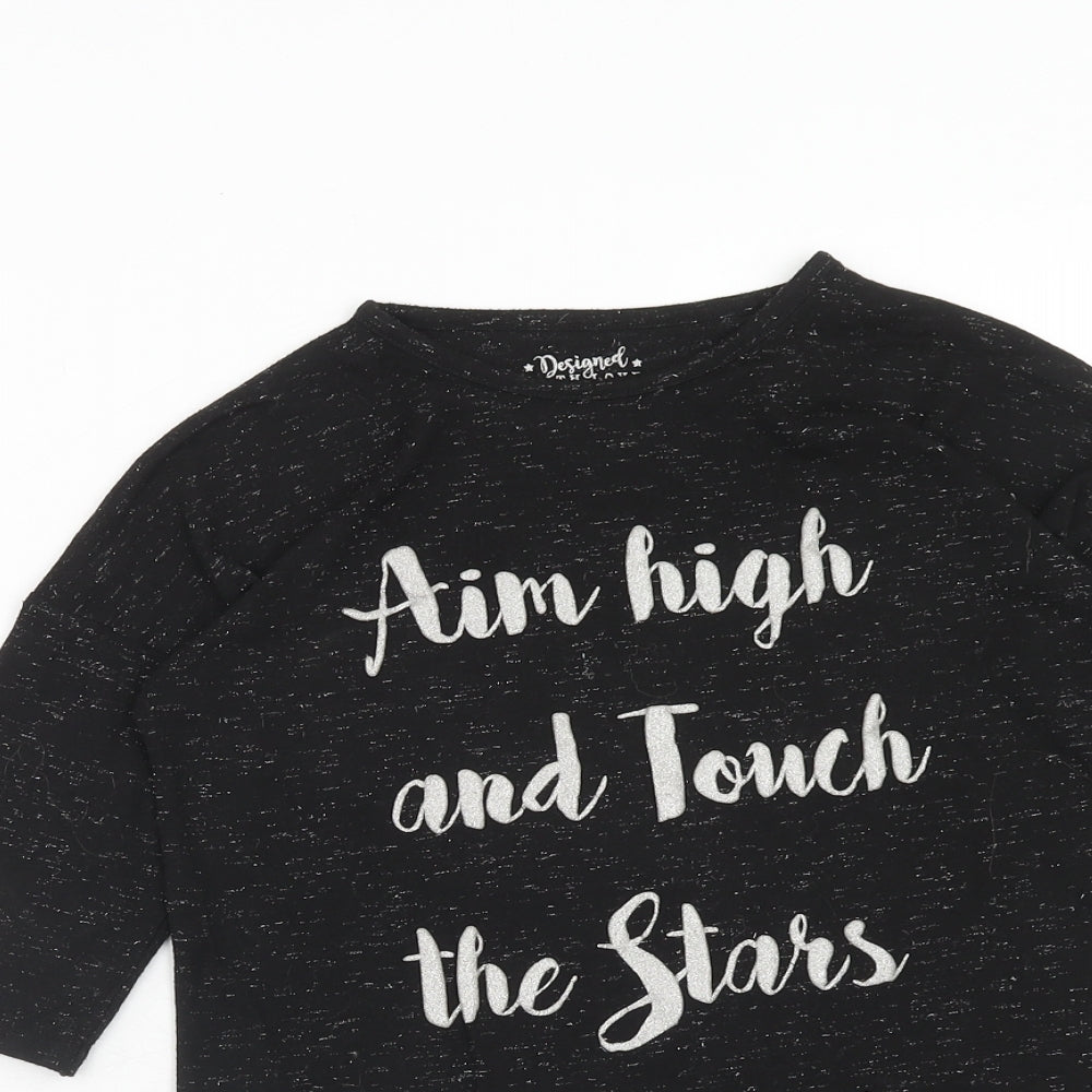 F&F Girls Black Polyester Basic T-Shirt Size 8-9 Years Round Neck Pullover - Aim High And Touch The Stars