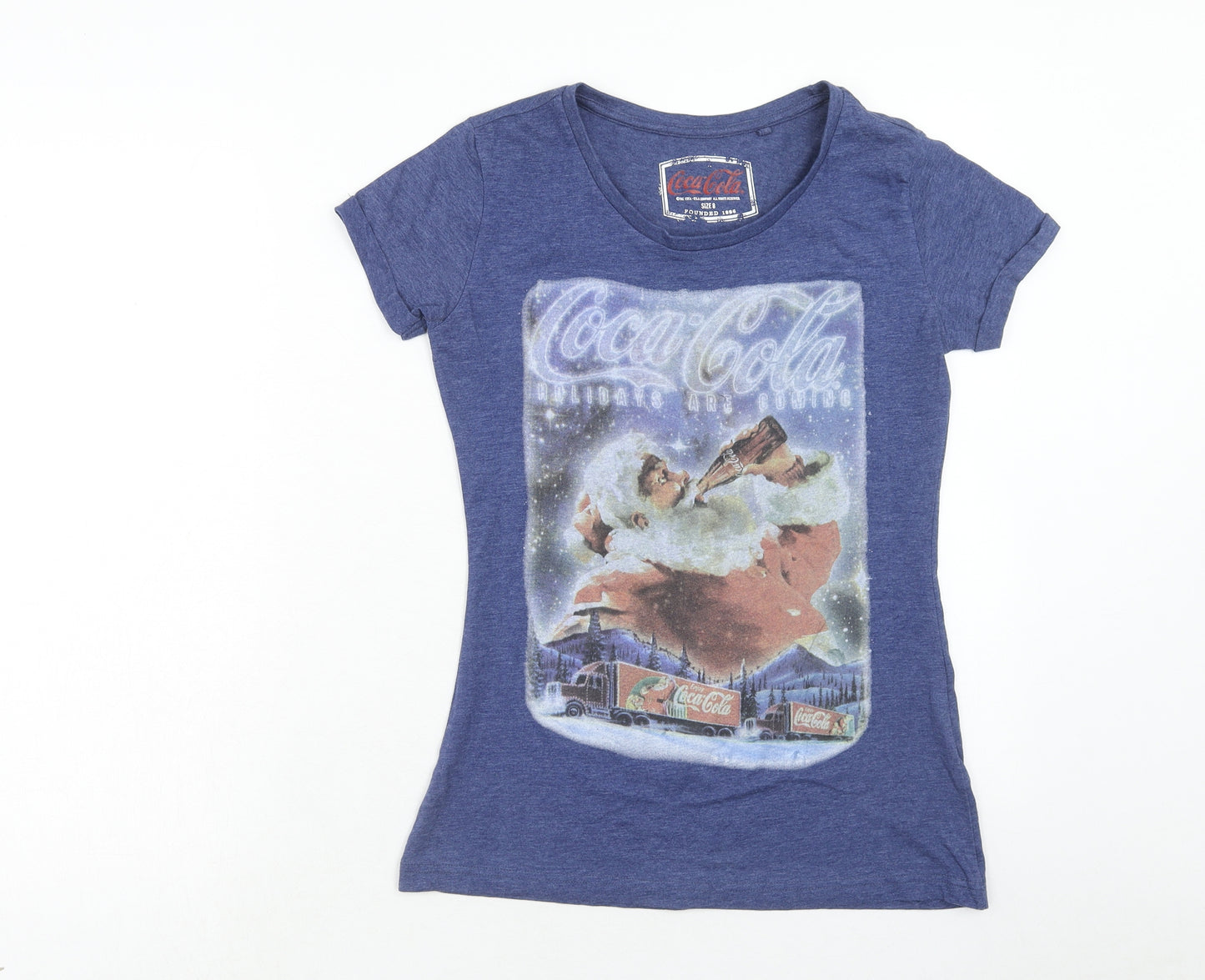 George Womens Blue Polyester Basic T-Shirt Size 8 Round Neck - Coca-Cola Christmas