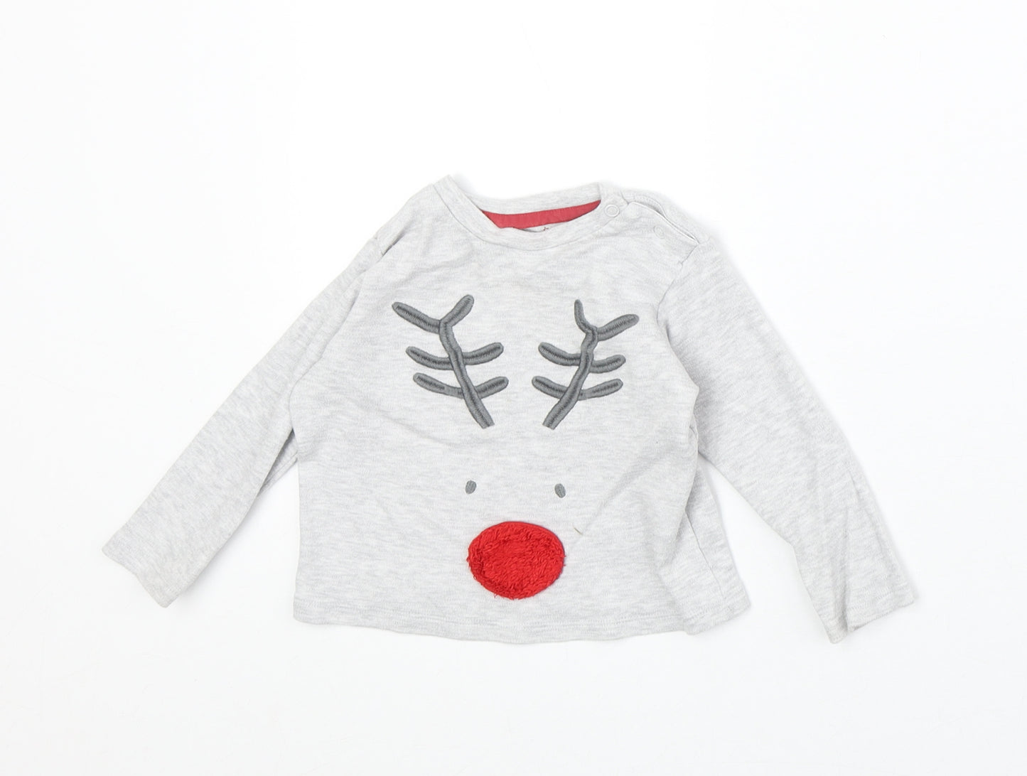 F&F Baby Grey Cotton Basic T-Shirt Size 9-12 Months Round Neck Snap - Reindeer Christmas