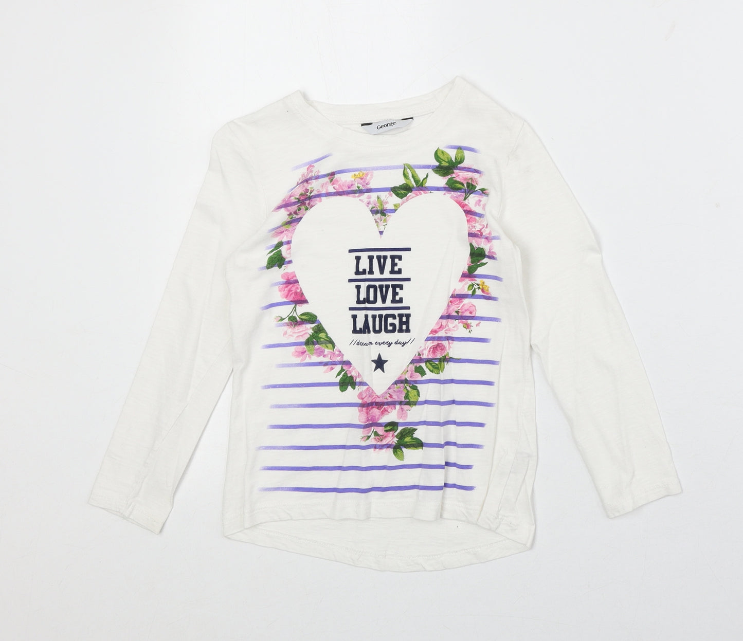 George Girls White 100% Cotton Basic T-Shirt Size 7-8 Years Round Neck Pullover - Live Laugh Love
