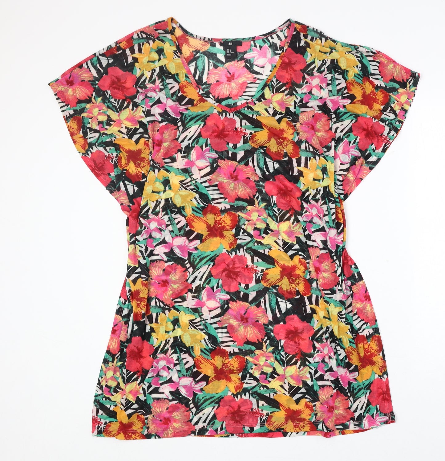 H&M Womens Multicoloured Floral Polyester Tunic Blouse Size M V-Neck