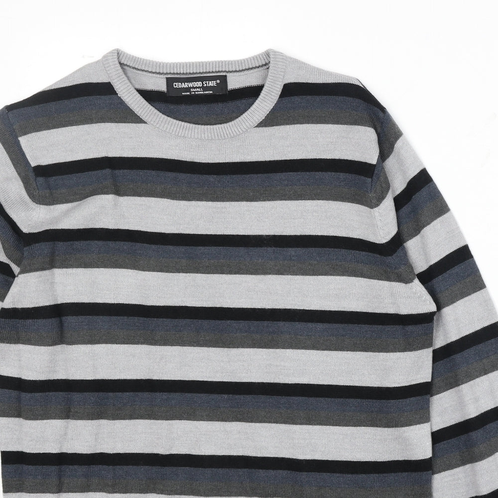 Cedar Wood State Mens Multicoloured Round Neck Striped Acrylic Pullover Jumper Size S Long Sleeve