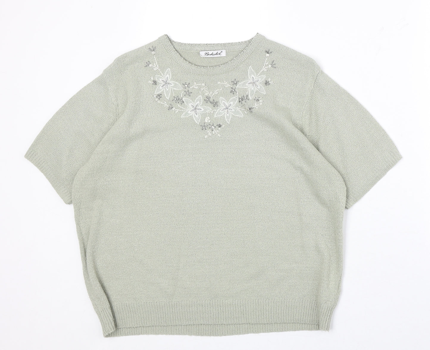 Berkertex Womens Green Round Neck Acrylic Pullover Jumper Size 14 - Floral Detail