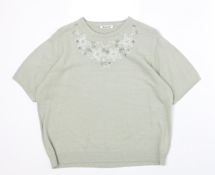 Berkertex Womens Green Round Neck Acrylic Pullover Jumper Size 14 - Floral Detail