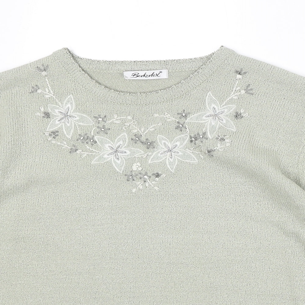 Berkertex Womens Green Round Neck Acrylic Pullover Jumper Size 14 - Floral Detail