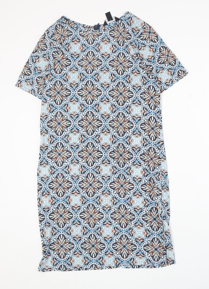New Look Womens Blue Geometric Polyester A-Line Size 6 Round Neck Zip