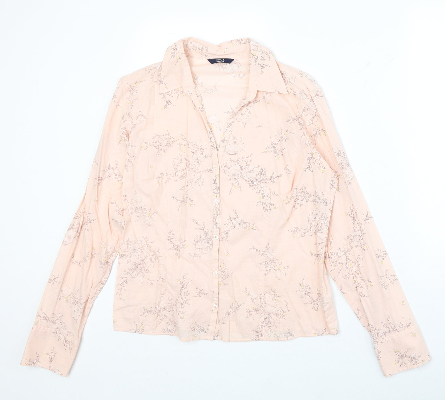 Marks and Spencer Womens Pink Floral 100% Cotton Basic Button-Up Size 14 Collared