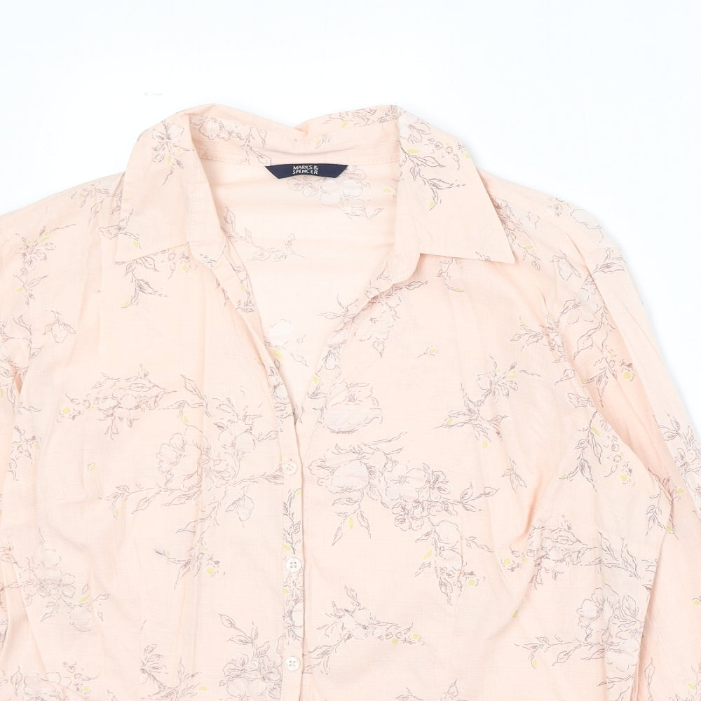 Marks and Spencer Womens Pink Floral 100% Cotton Basic Button-Up Size 14 Collared