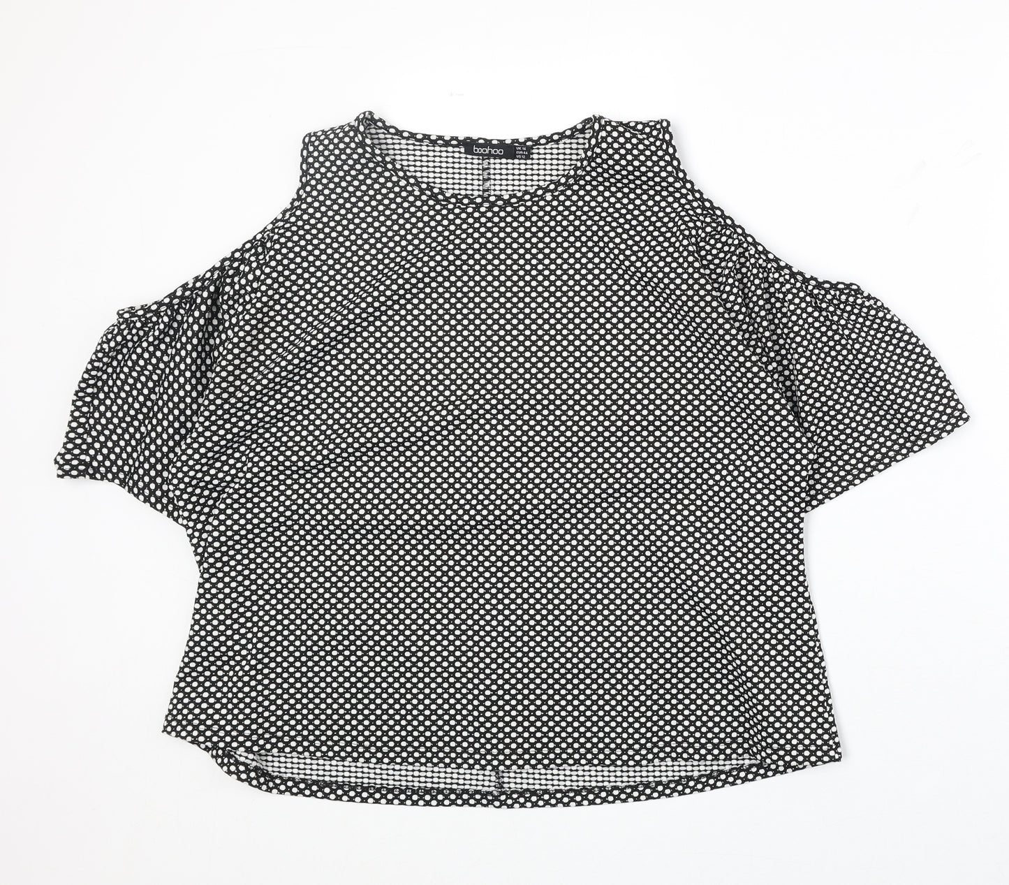 Boohoo Womens Black Polka Dot Polyester Basic Blouse Size 16 Round Neck - Cold Shoulder
