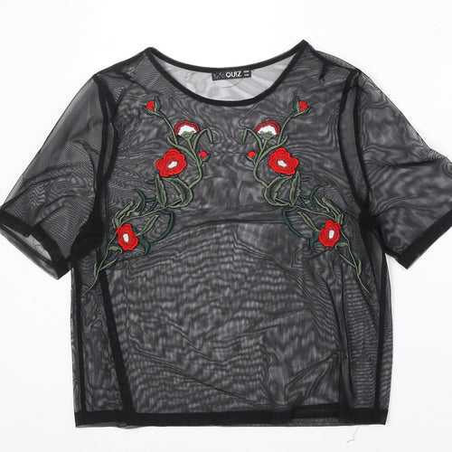 Quiz Womens Black Floral Polyester Basic Blouse Size 10 Round Neck