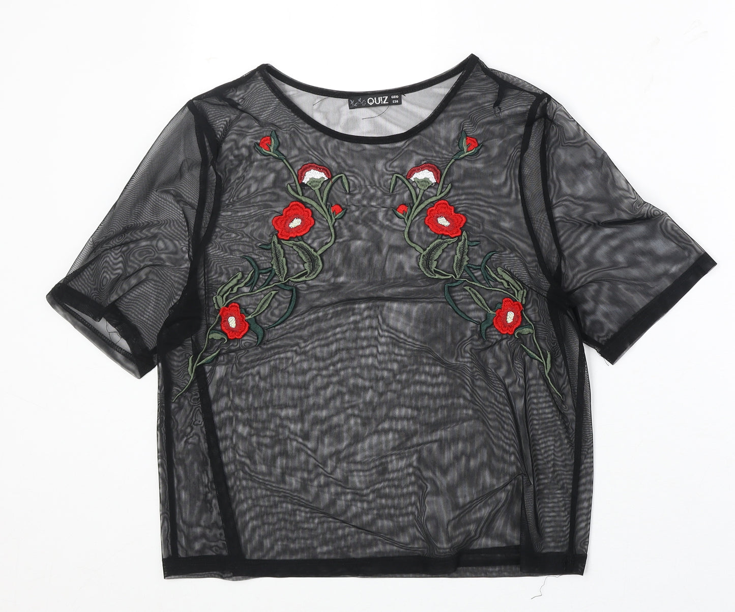 Quiz Womens Black Floral Polyester Basic Blouse Size 10 Round Neck