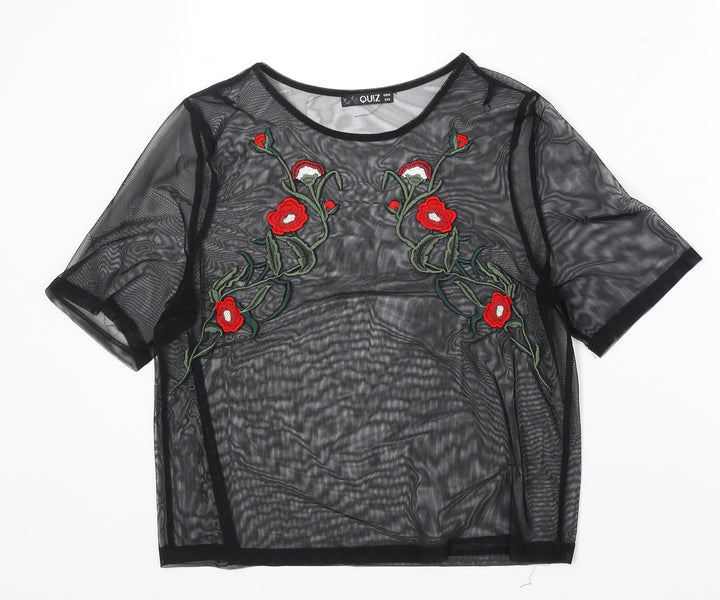 Quiz Womens Black Floral Polyester Basic Blouse Size 10 Round Neck