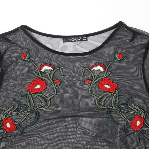 Quiz Womens Black Floral Polyester Basic Blouse Size 10 Round Neck