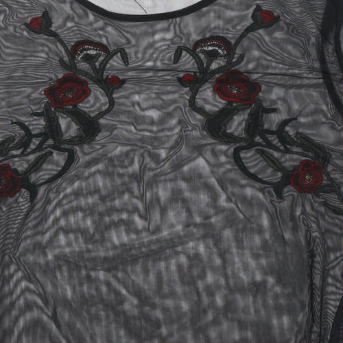 Quiz Womens Black Floral Polyester Basic Blouse Size 10 Round Neck