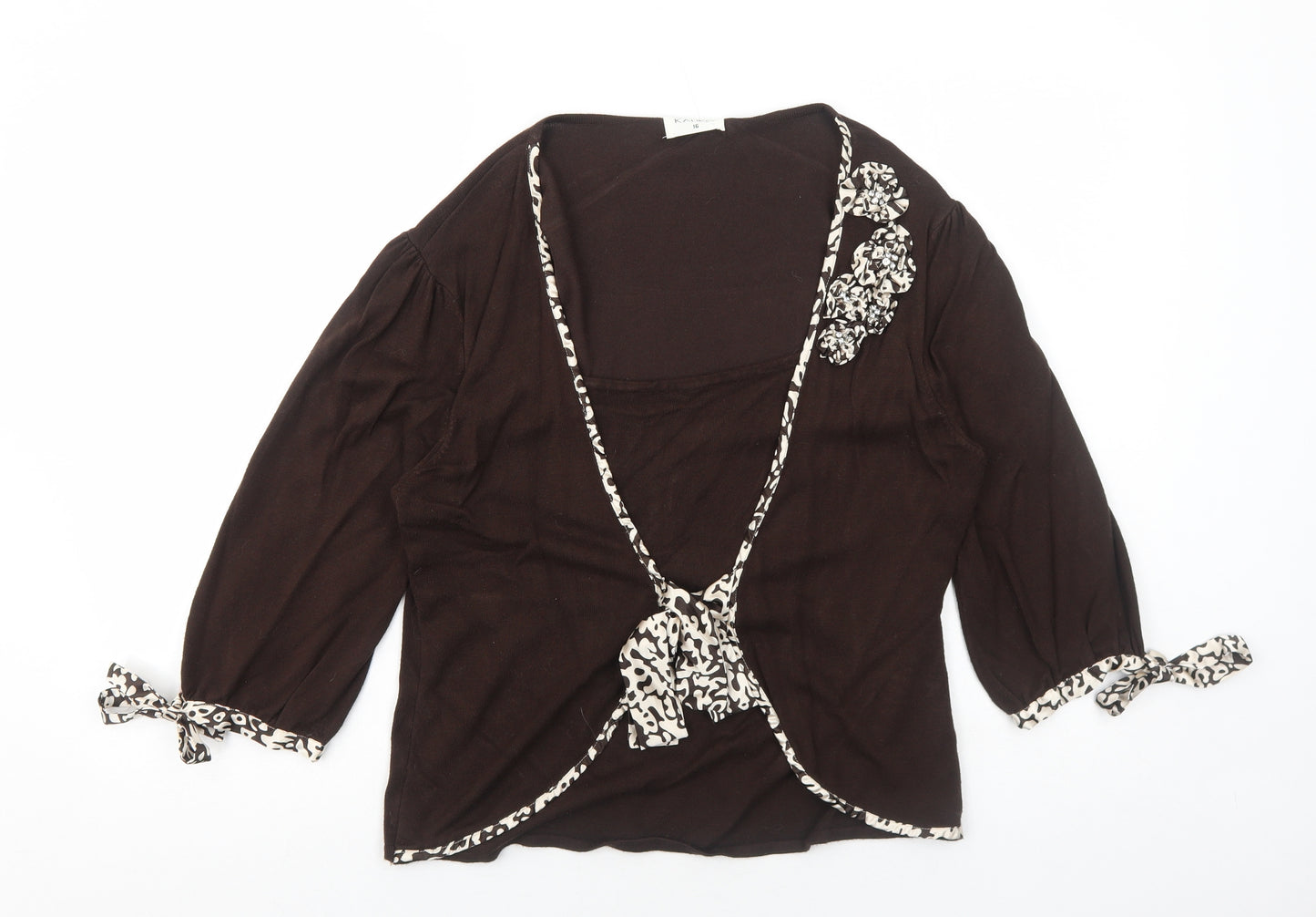 Kaliko Womens Brown V-Neck Viscose Cardigan Jumper Size 16 - 3D Flower Details